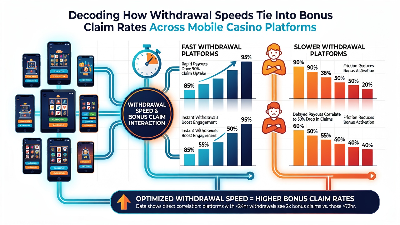 Analytics dashboard displaying withdrawal speed statistics next to bonus claim rate graphs for mobile casino platforms