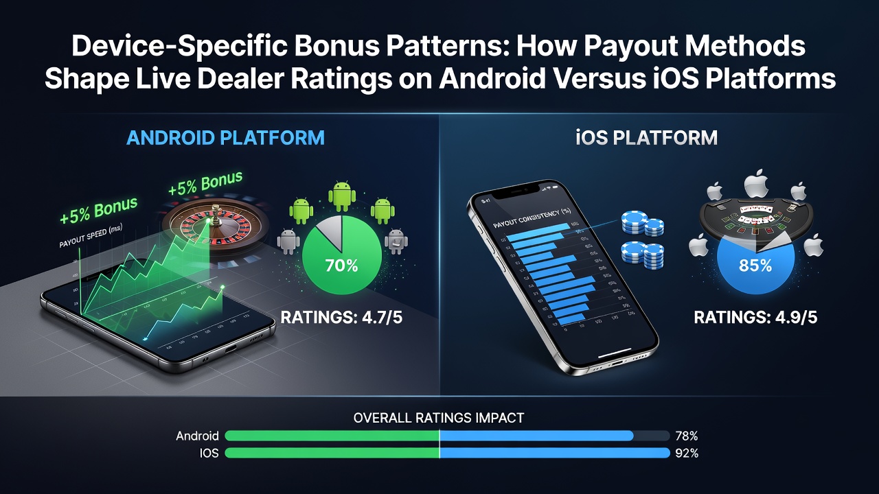 Side-by-side view of Android and iOS live dealer casino app interfaces highlighting bonus notifications and payout options
