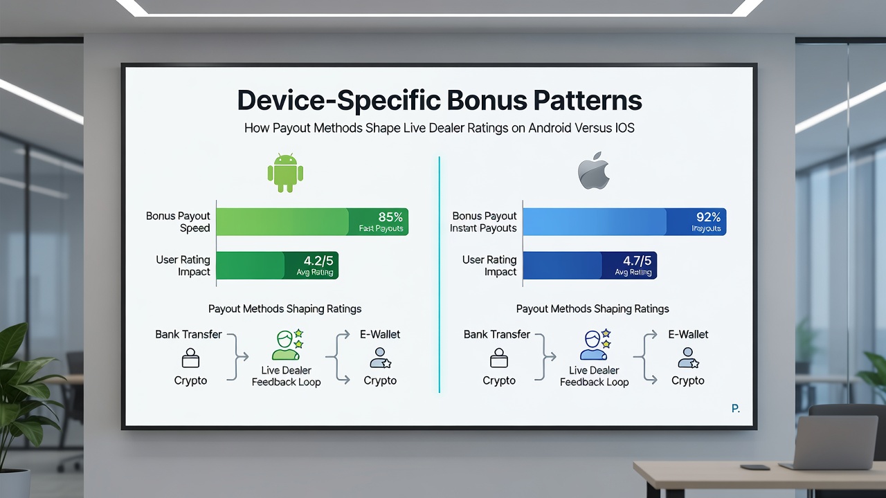 Detailed screenshot showing payout method selection screens in live dealer apps on both Android and iOS devices