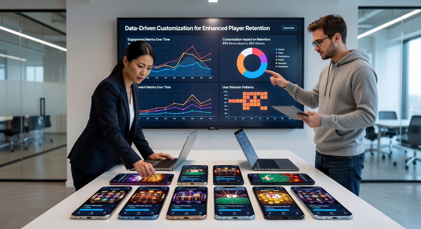 Analytics dashboard showing player retention trends and customization impact metrics for mobile casino platforms