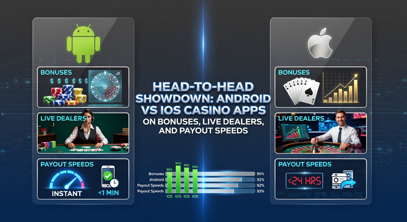 Smartphones displaying Android and iOS casino apps side by side, highlighting bonus offers and live dealer interfaces