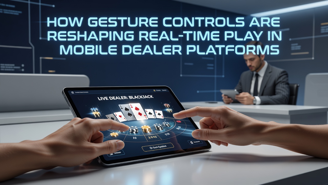 Smartphone displaying gesture-based controls during a live dealer blackjack session with swipe and tap indicators