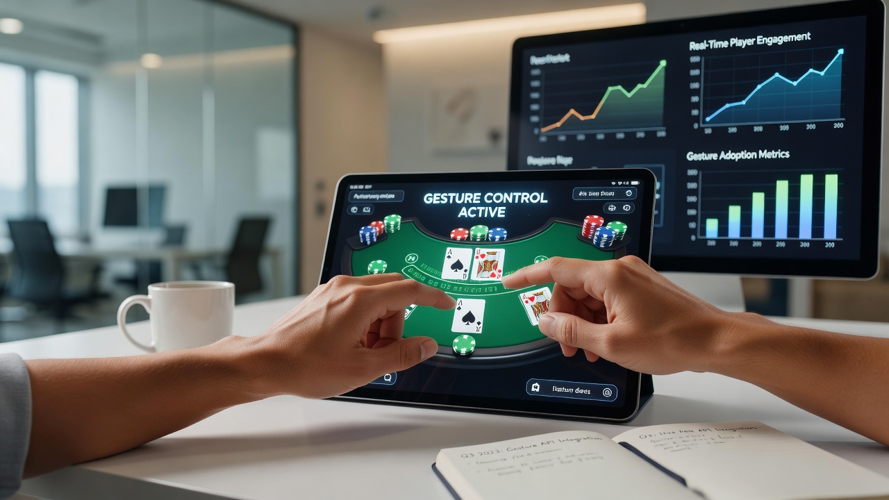 Close-up of hands performing tilt and swipe gestures on a tablet running a live roulette dealer game
