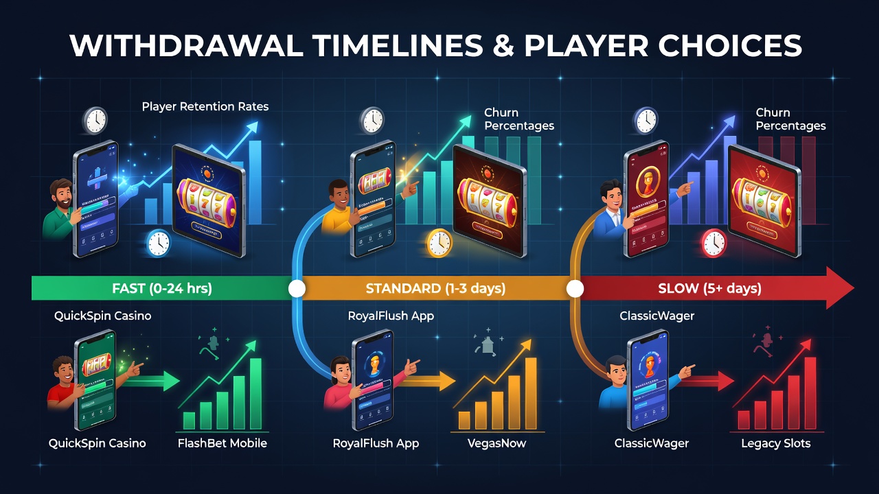Mobile casino app interface showing withdrawal processing options and timelines on a smartphone screen
