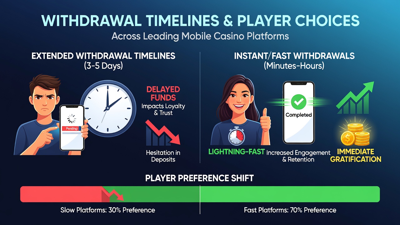 Comparison chart of withdrawal speeds across top mobile casino platforms with icons for payment methods