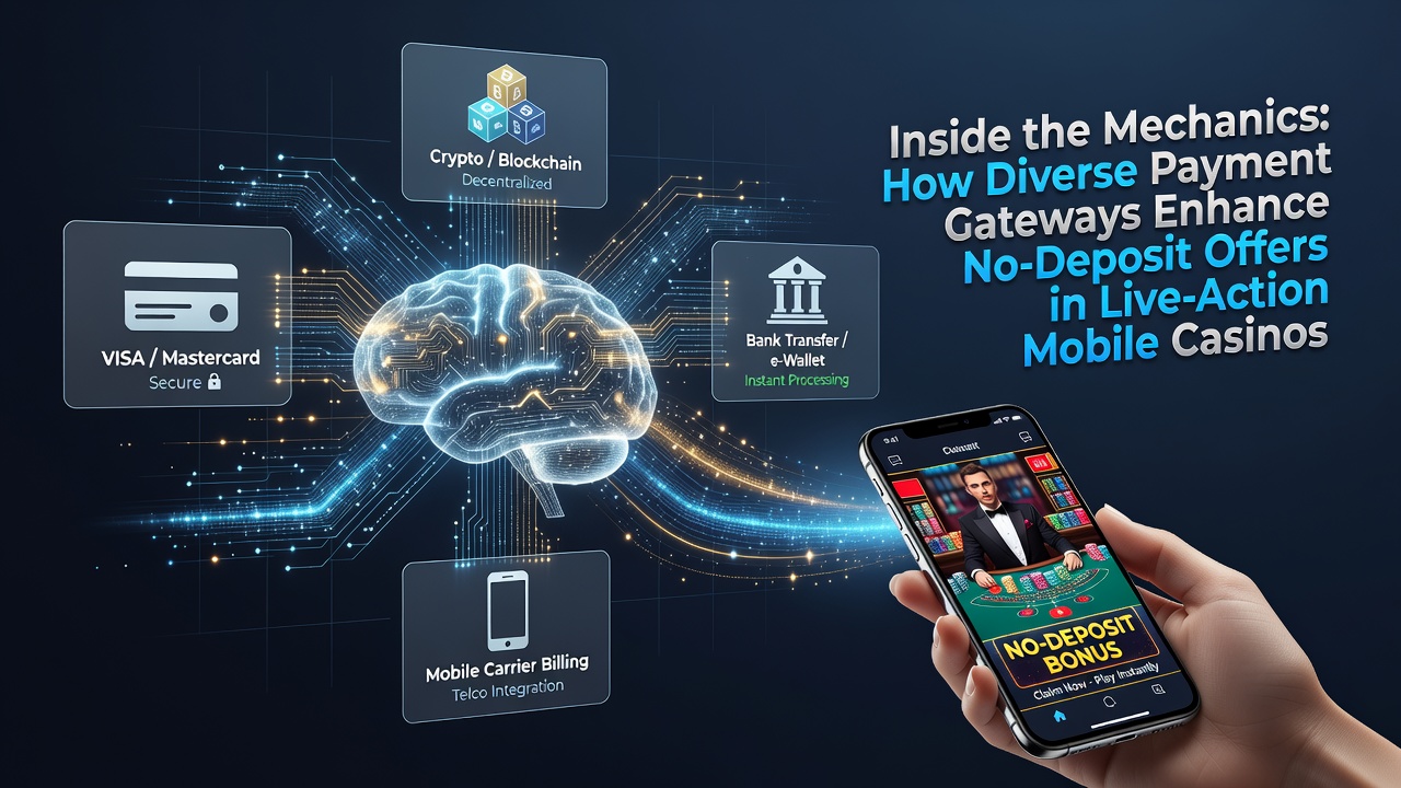 Mobile casino interface showing multiple payment gateway options integrated with no-deposit bonus claims