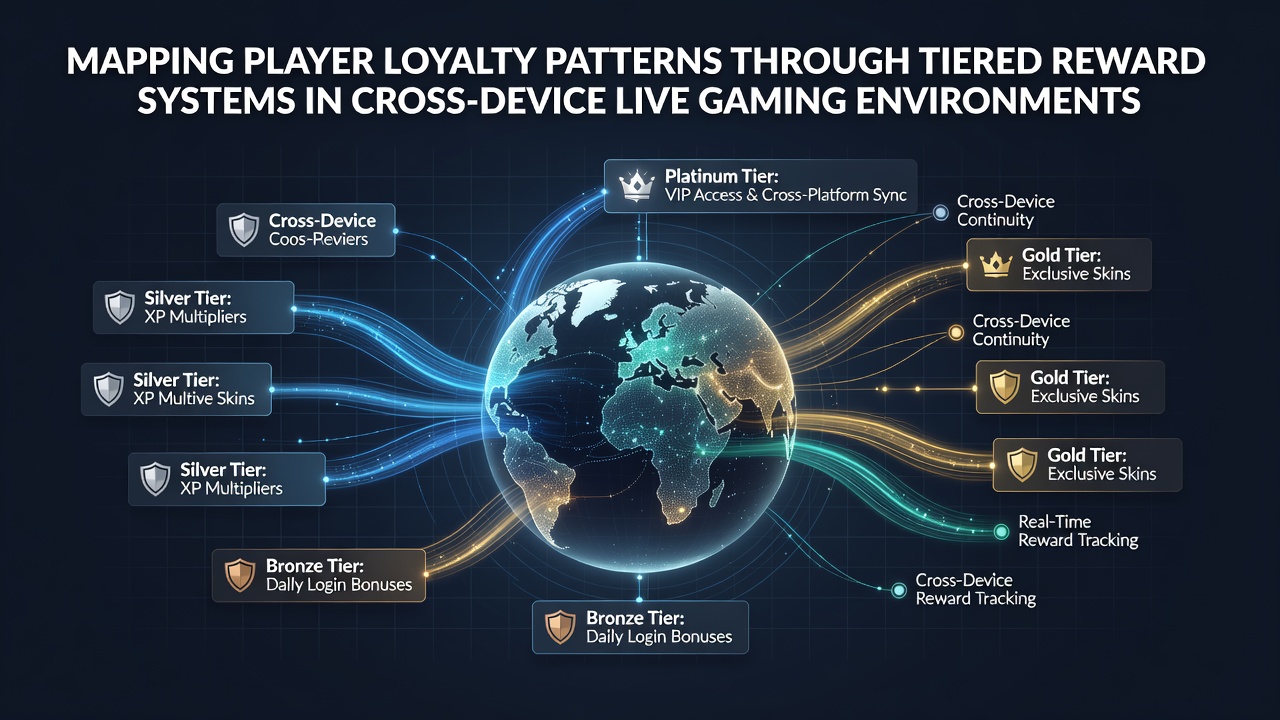 Cross-device live gaming interface showing tiered reward progress across mobile and desktop platforms