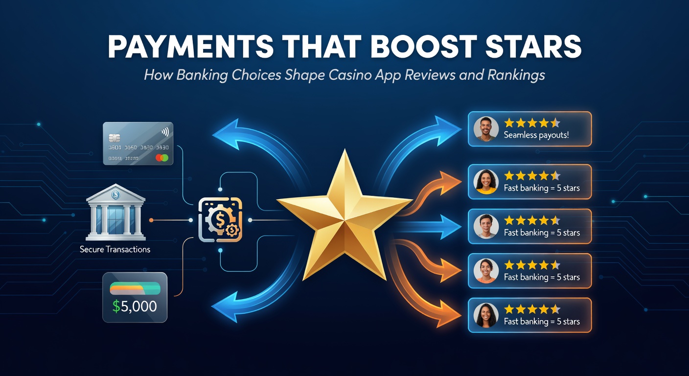 Smartphone displaying a casino app interface with payment options like e-wallets and crypto highlighted, alongside star ratings climbing upward