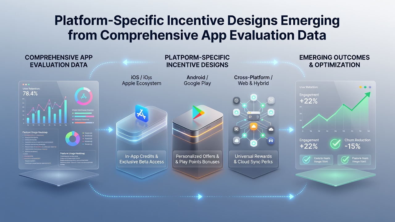 Visual representation of app evaluation metrics across mobile platforms showing incentive structures and user engagement patterns