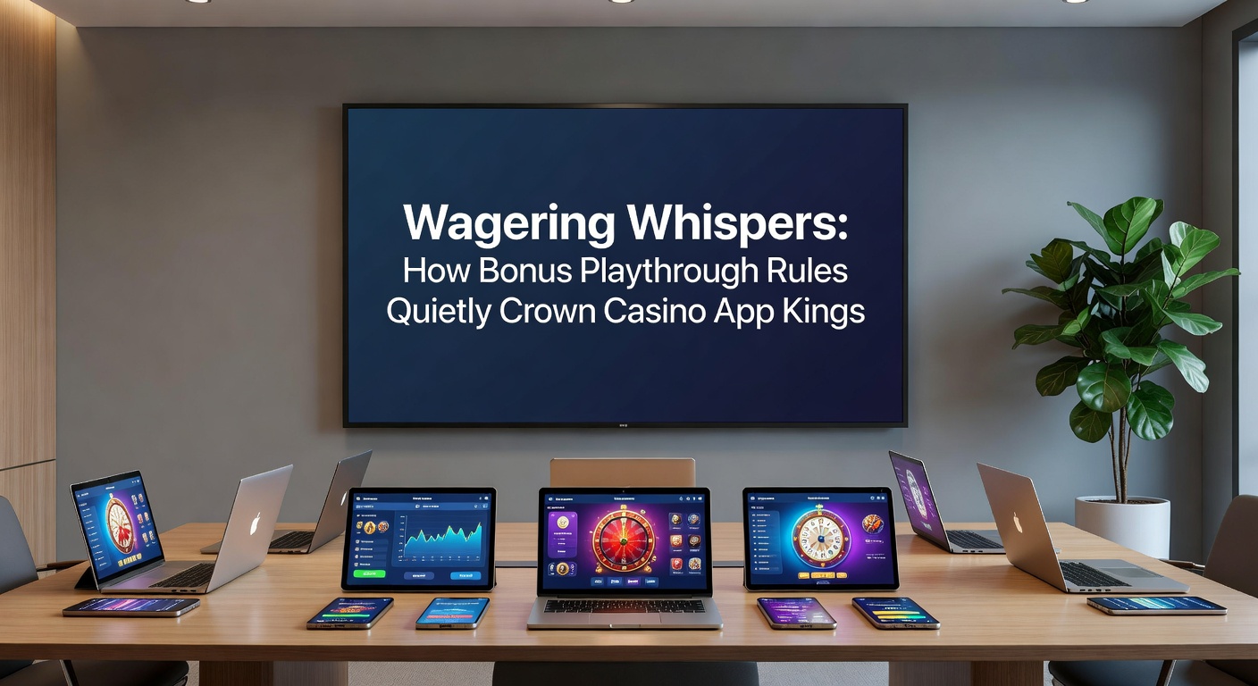 Close-up infographic of wagering requirement ladders climbing to app store trophies, with icons for slots, tables, and cashout buttons illustrating progression paths